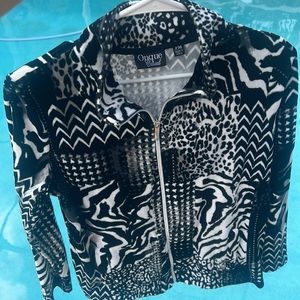 Onque Velour Long Sleeve Zipper Track Jacket Pockets Black White Retro sz PM Y2K